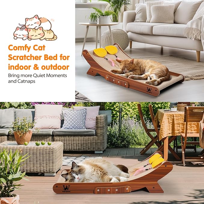 Sisal Cat Scratcher Bed, Natural Solid Wood Scratch Lounger, No Mess Scratching Chair Couch for Indoor Cats, 26 Inch Cat Scartching Pad, 3 in 1 Scratching Board, Furniture Protector