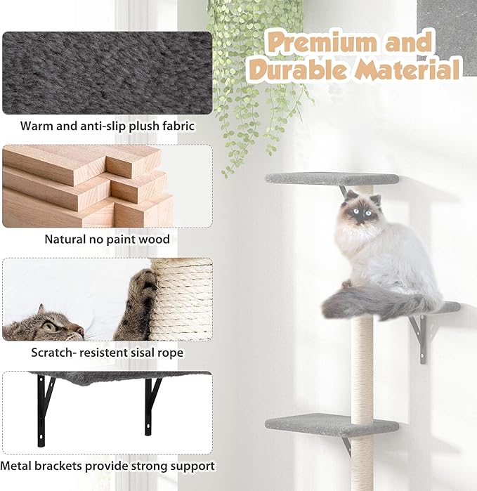 5 Pcs Wooden Indoor Cat Climber - Wall-Mounted Shelves, Perches, Scratching Board, Cat Ladder & Cat Tree - Grey