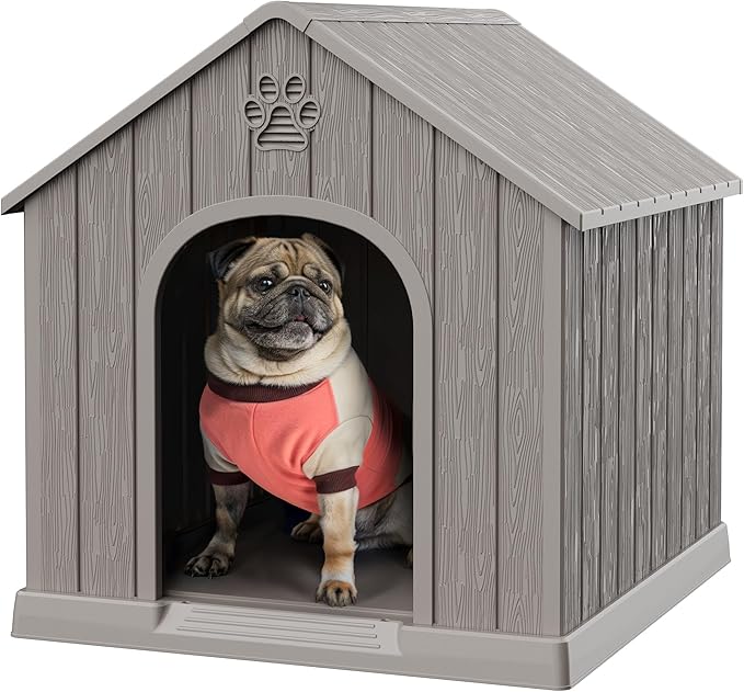 Bifanuo Dog House Outdoor Indoor, Plastic Small Dog House-Weatherproof Design with Air Vents & Elevated Floor for Small to Medium Dogs, Easy Clean and Assemble (Grey)