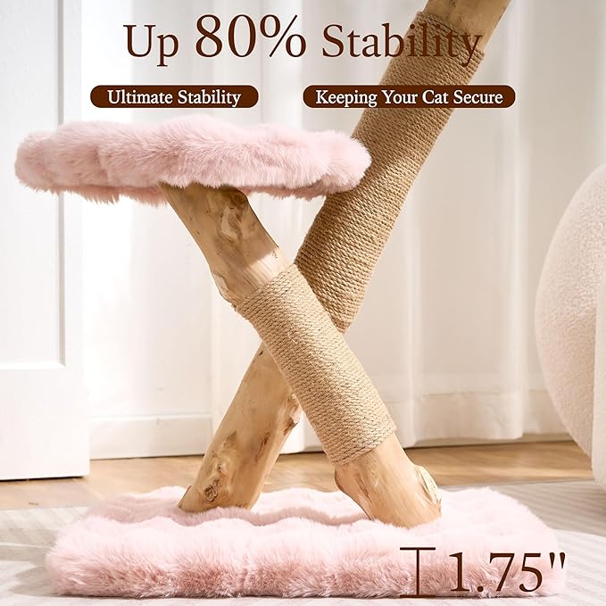 HITTITE Natural Solid Wood Cat Tree Tower with Scratching Post, 32 Inches Tall Modern Cat Tower with Cozy Bed and Platforms, Luxury Real Branch Cat Tree for Indoor Cats Large Adult, Pink.