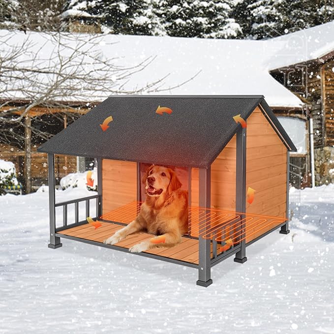 GUTINNEEN Extra Large Heated Dog House Outdoor Insulated Dog House XXL Weatherproof Chew-Proof Metal Frame Dog Kennel with Thermostat-Controlled Heating Pad, 6-Sided Thermal Liner for Large Dog Breeds