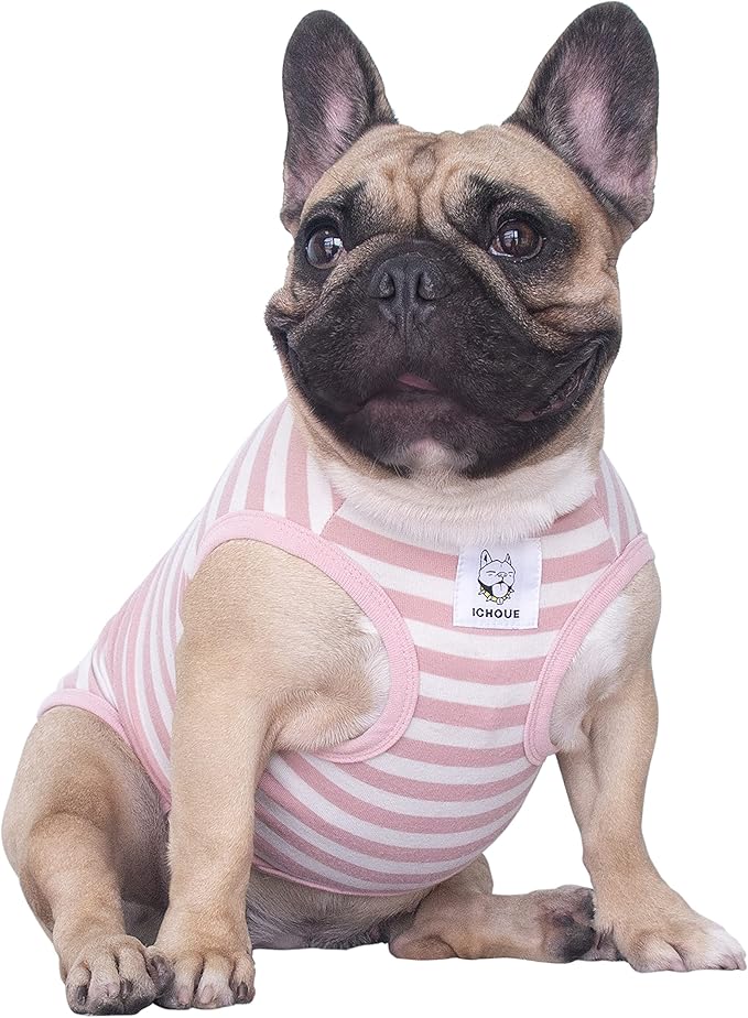 iChoue French Bulldog 100% Breathable Cotton Striped T Shirts Halloween Vest Clothes for Medium Dogs Tank Tops Frenchie Pug English Boston Terrier Pitbull Pink White Stripes - Large Plus