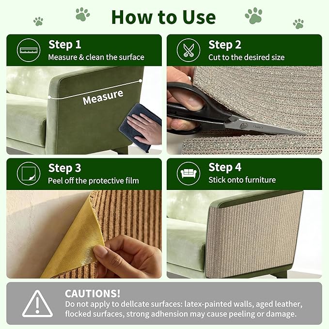 Natural Cork Cat Scratcher Mat, Self-Stick & Trimmable Furniture Protector for Couch, Door, Wall & Bed Corner, Claw-Friendly for Indoor Cats (Catnip Green, 39.4 x 11.8 Inch)