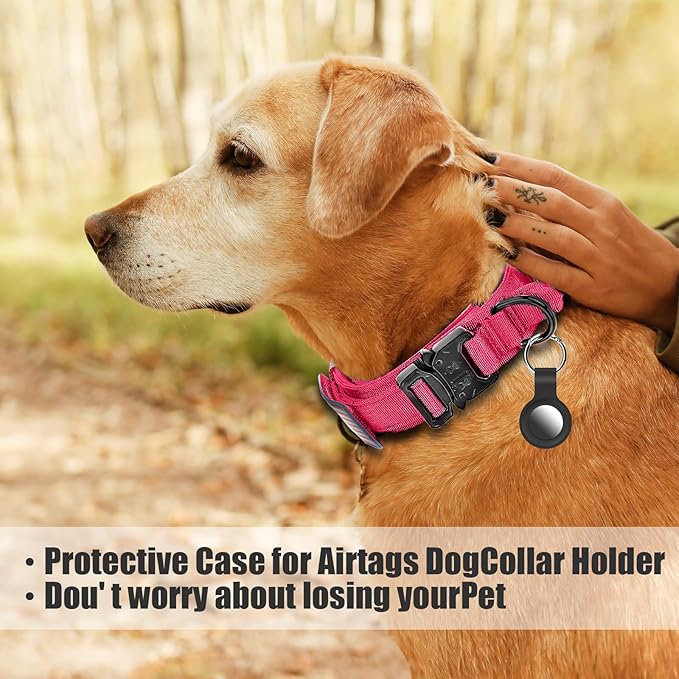 Tactical Dog Collar and Bungee Leash Set, Adjustable Military Training Nylon Dog Collar with Controll Handle and Heavy Metal Buckle，with USA American Flag, Patches and Airtags Case(Pink, L)