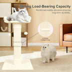 34" Cat Scratching Post for Indoor Cats, Sisal Cat Scratcher with Large Plush Perch, Vertical Posts with Elevated Bed and with Two Dangling Balls, Removable & Washable Cover, Beige White