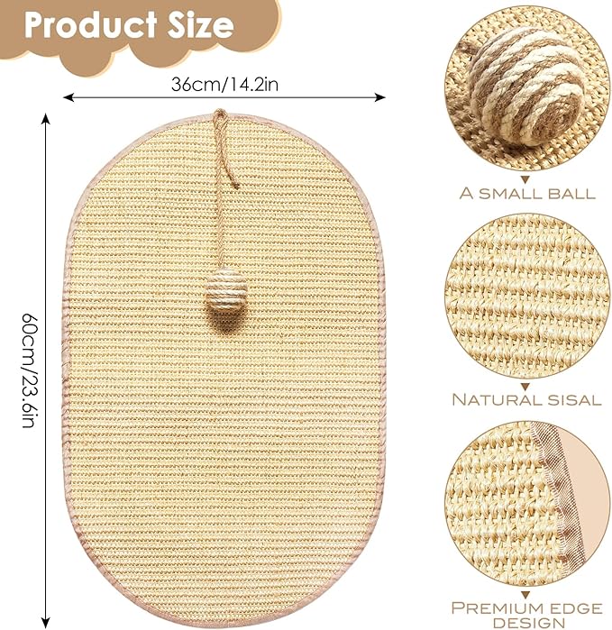 Natural Sisal Cat Scratch Pad, Wall Cat Scratch Board Mat, Summer Wear-Resistant Cool Mat, Anti Scratch Wall Sofa Protector (Sisal Primary Color, 23.6" L x 14.2" W, Elliptical, 1PC)