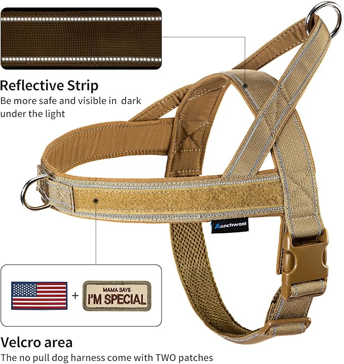 Annchwool No Pull Dog Harness with Soft Padded Handle-Reflective Strip Escape Proof and Quick Fit to Adjust Dog Harness-Easy for Training Walking for Small & Medium and Large Dogs(Brown,XS,1 In Width)