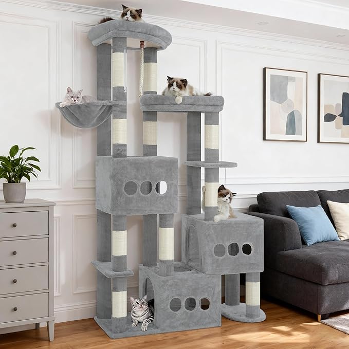 Cat Tree for Large Adult, 71.7'' Tall Cat Tower for Indoor Cats, Sturdy Heavy Duty Cat Tree Tower for 20 lbs+Cats, 3 Big Cat Condos, 10 Scratching Posts, 3 Platforms, Light Gray GCT036W