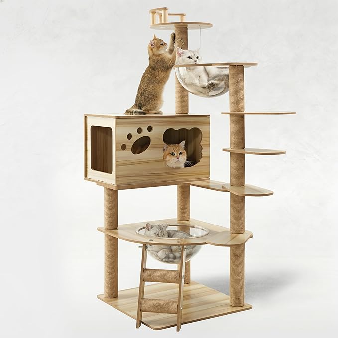 EUREKA ERGONOMIC Cat Tree Large 52 Inch, Wooden Cat Tower Multi-Level Cat Tree Tower for Indoor Cats Large Adult with Scratching Post, House, Pompoms, Cat Stand with Scratch Pad (Yellow)