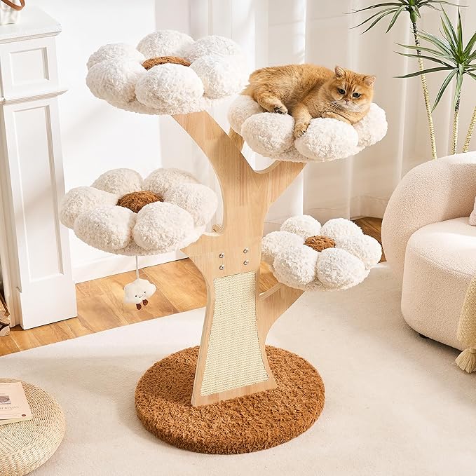 797Audio Flower Cat Tree, 48" Wood Branch Cat Tower, White Cloud Cat Tree with Scratching Post for Indoor Adult Cats, Luxury Cat Tree with Cozy Perches & Interactive Squeaky Hanging Toy