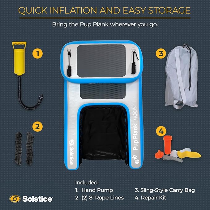 SOLSTICE Inflatable Pup Plank, Dog Water Ramp for Boats & Docks, Boost Step, 220 lb Capacity - Floating Platform for Pets for Lake, River, Beach & Swimming Pool, Includes Pump, Patent-Protected Design