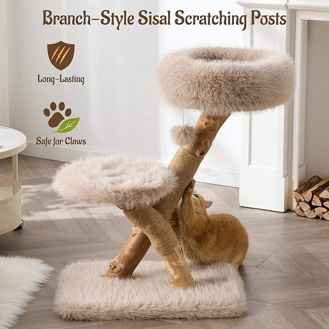 33" Modern Cat Tree for Indoor Cats, Aesthetic Natural Wood Cat Tower with Branch-Style Scratching Posts, Luxury Plush Faux Fur Cat Bed with Natural Loft, Perch & Hanging Ball, Almond Khaki