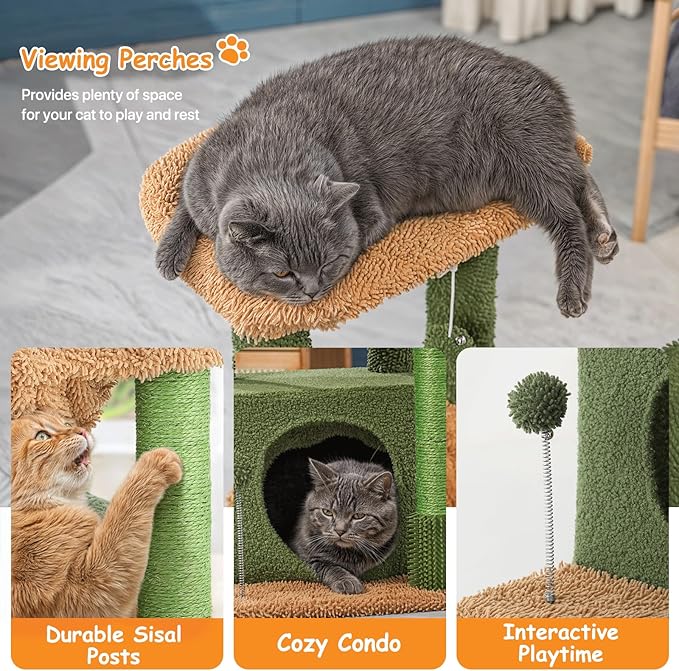 Athena Collection Small Cat Tree Tower with Scratching Post, 33.5 Inch Modern Cute Cat Tree Condo with Cozy Perch Hammock Hanging Ball for Kittens Indoor, Cactus Shade, Green