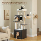 PETEPELA Cat Tree with Litter Box Enclosure, 2-in-1 Wood Cat Tower for Indoor Large Cats, 57.5'' Cat Condo with Scratching Posts, Cozy Hammock and Repalcable Dangling Balls, Black