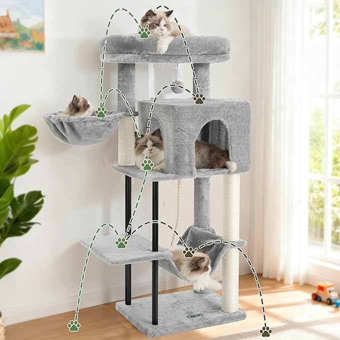 Cat Tree, Cat Tower for Indoor Cats, 43.3 inch Cat Tree Tower with Sturdy Steel Tube, Cat Hammock, Cat Condo for Small Cats and Kittens, Cat Scratching Post, Light Gray GCT004SW