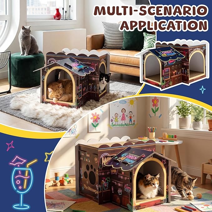 2 Story Cardboard Cat House with Scratcher Pad for Small Kitten,17x12x10 Multi Level Durable Cat Condo & Villa for Bunny Rabbit Small Animals Christmas Birthday Gift(Bar)