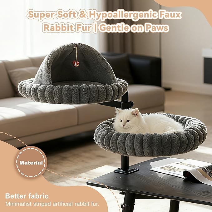 Dogpals 2-in-1 Cat Desk Bed: 360° Rotating & Height Adjustable Cat Tree with Semi-Enclosed & Open Layers, No-Drill Clamp for Desk up to 1.18" Thick, Supports 9lbs for Office, Grey