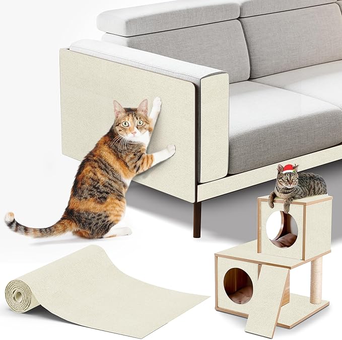 Cat Scratching mat Self-Adhesive, Trimmable Furniture Protector for Couch, Sofa, Wall & Cat Trees - Durable Scratch Pad with Nano Tape, DIY Climbing Carpet for Indoor Cats (White, 23.6"x15.8")