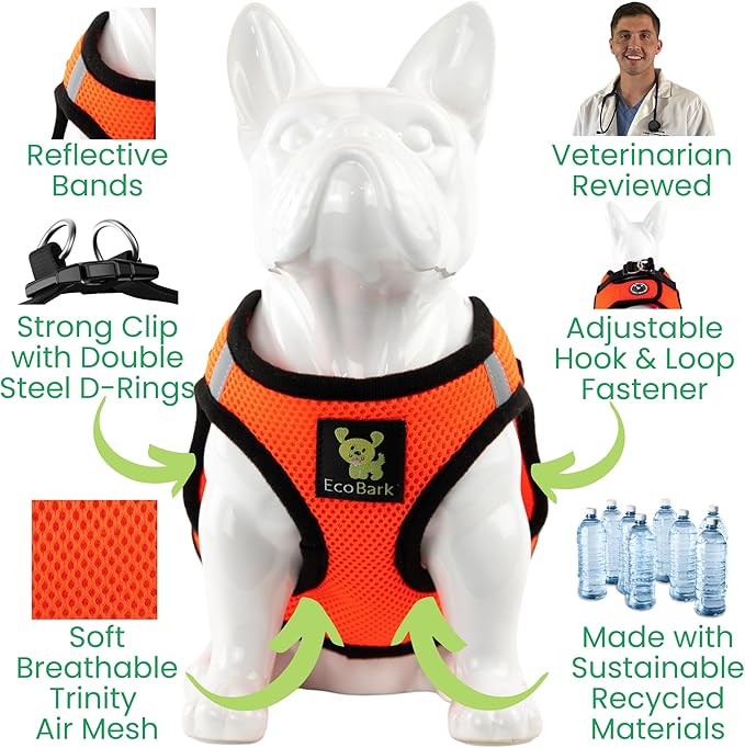 EcoBark Step in Dog Harness - Eco-Friendly Dog Harnesses for for Small & Medium Breed Dogs - Reflective and Adjustable Chest Body Halter Vest -Soft Luxurious Mesh (Orange, XL)