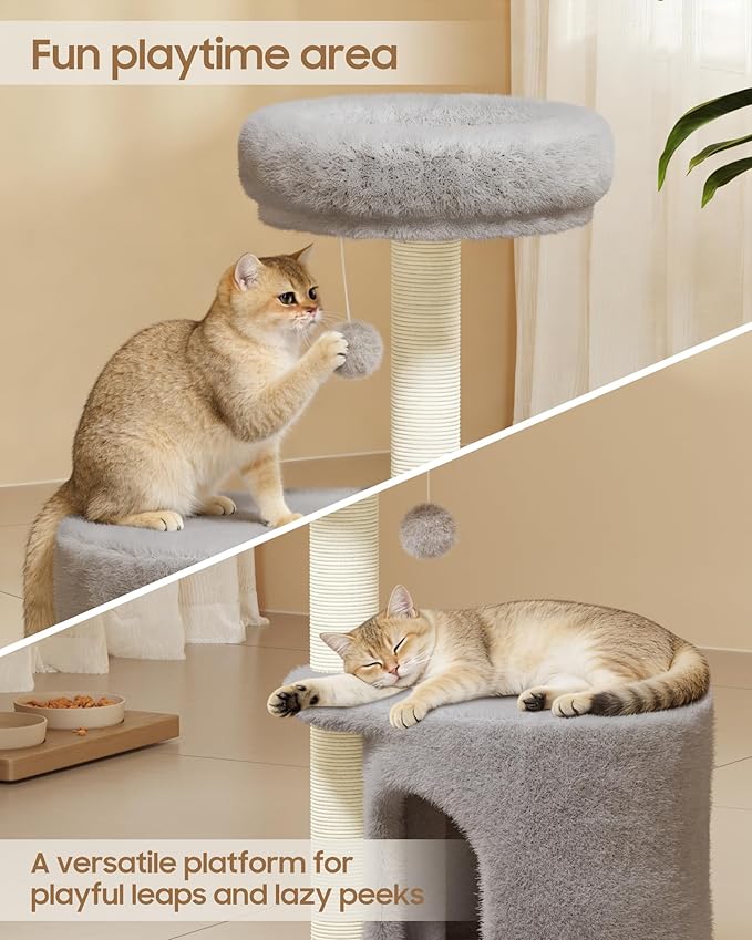 Cat Tree, 34.3 Inches Cat Tower with Scratching Post, Condo, Interactive Hanging Ball, Plush Perch for Indoor Large Cats, Gray