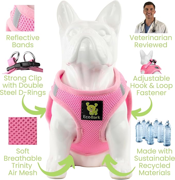 EcoBark Premium Quality Dog Harness - Teacup Dog Harnesses - Step in Halter Vest - Eco-Friendly Luxury Soft Mesh Halter - No Pull Mini Chest Body Collar - for Puppy & Toy Breeds (XXS, Baby Pink)