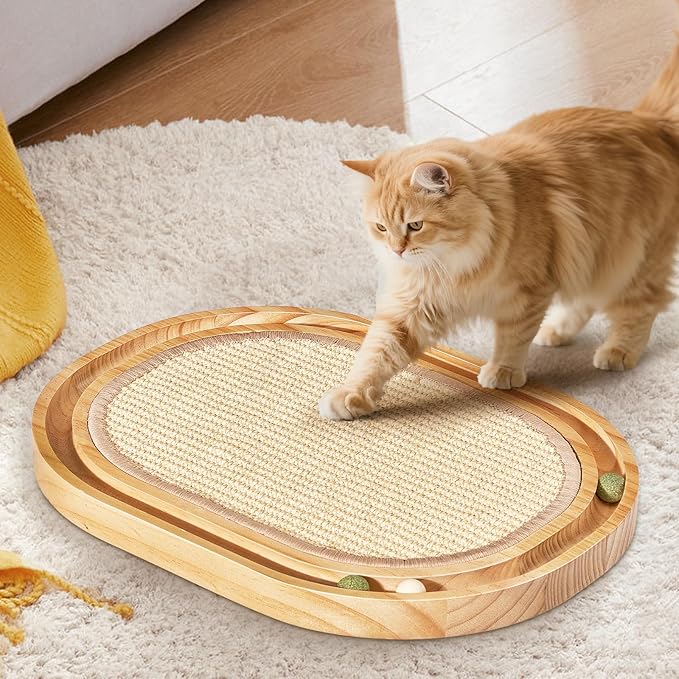 Oval Sisal Cat Scratcher with Ball Track - Woven Sisal Scratching Pad & Interactive Cat Toy, Wooden Track with 3 Toy Balls for Indoor Cats, No Assembly Needed