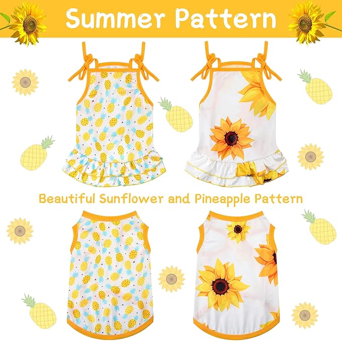 Frienda 4 Pieces Dog Clothes Set Include 2 Pcs Cute Pet Dress Lovely Dog Dress and 2 Pcs Breathable Pet T Shirt Puppy Clothes(Pineapple, Sunflower,Large)