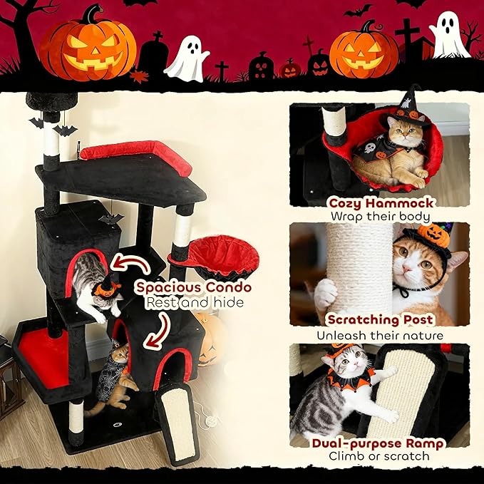 Gothic Castle-Inspired Cat Tree- 77.6" H Multi-Level Large Kitty Climbing Tree Tower with Coffin Bed, Cozy Plush ‌Pussycat Perches, Sisal Scratching, Activity Center, for Indoor Cats