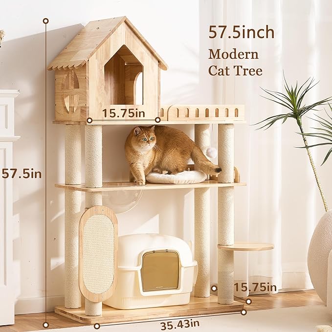 Modern Solid Wood Cat Tree Tower for Indoor Cats Large Adult, 58 inch Corner Cat Tree with Cat House, Luxury Aesthetic Cat Tree with Space Capsule, Large Perch, Sisal Scratching Pad Post