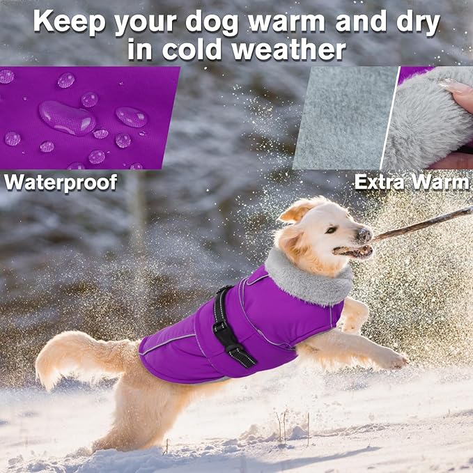 Lelepet Warm Dog Winter Coats for Small Dogs Waterproof Dog Jacket Reflective Pet Fleece Vest Windproof Cold Weather Coats with Adjustable Buckle & Leash Hole, Purple, S
