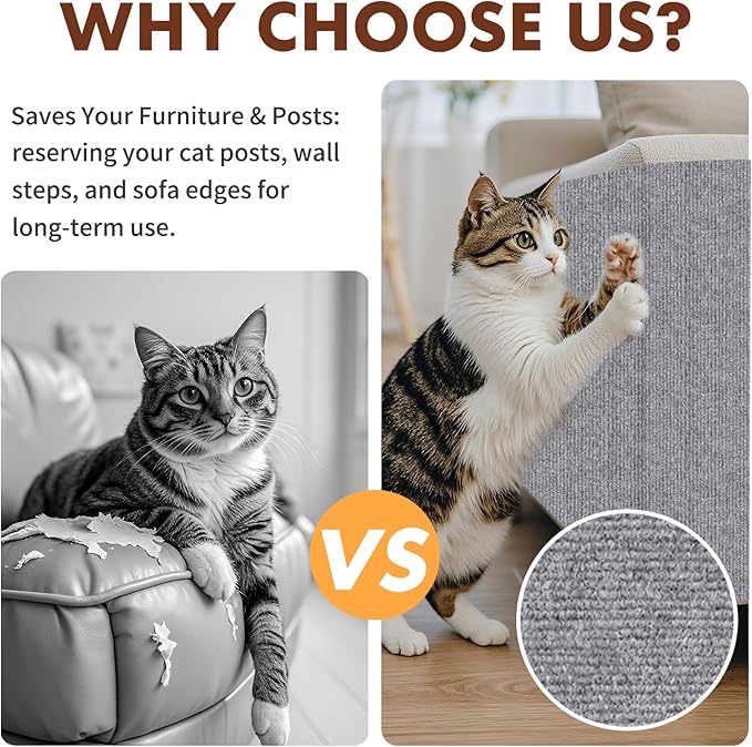 PowerKing Cat Scratch Furniture Protector, 78.7"x15.8" Self-Adhesive Cat Scratch Mat for Couch & Sofa, Trimmable DIY Cat Scratcher Pads for Indoor Cats (Grey)