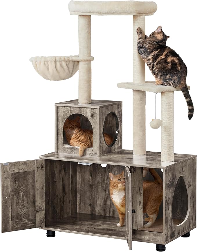 Yaheetech Cat Tree, 53in Cat Tower with Wood Litter Box Enclosure, 2-in-1 Cat Tree with Condo, Scratching Posts, Perch for Indoor Large Cats, Cat Activity Center, Greige/Beige