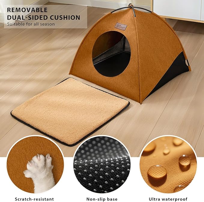 Pop-up Cat Tent Indoor Outdoor,Waterproof Cat House with Removable Cushion for All Seasons, Portable Pyramid Cat Cave Bed for Cats & Small Dogs, No Assembly Folding Pet Tent,Brown
