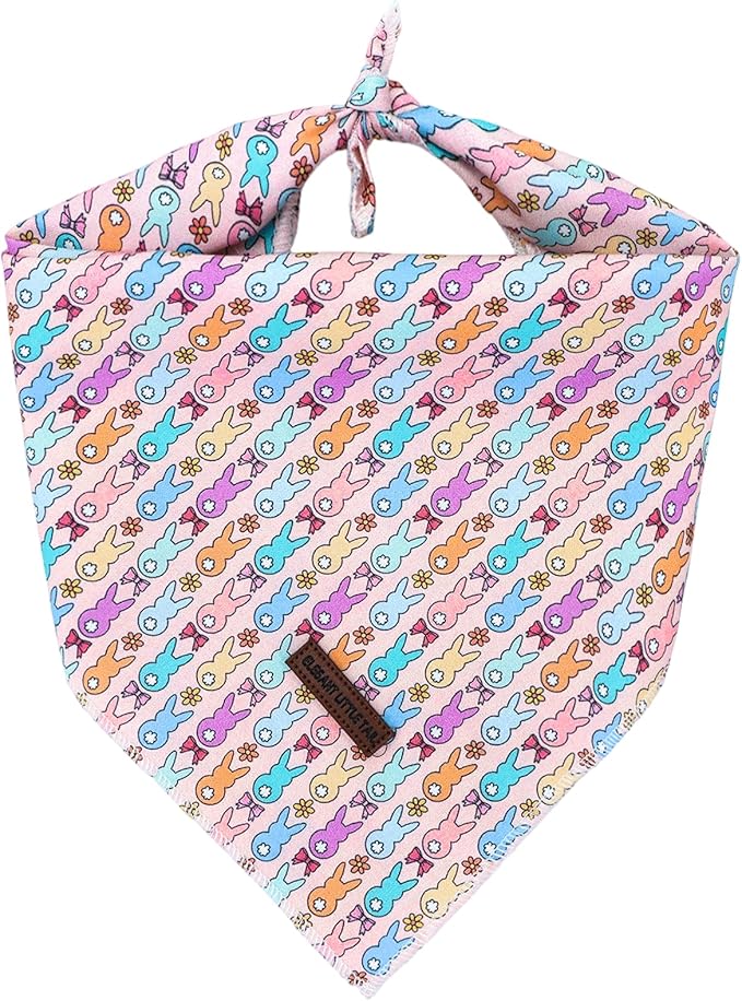Elegant little tail Easter Dog Bandana, Bunny with Flower 1PC Washable Dog Scarf Female or Male Square Bib Kerchief Scarf Adjustable Pet Bandana for Medium Large Dogs