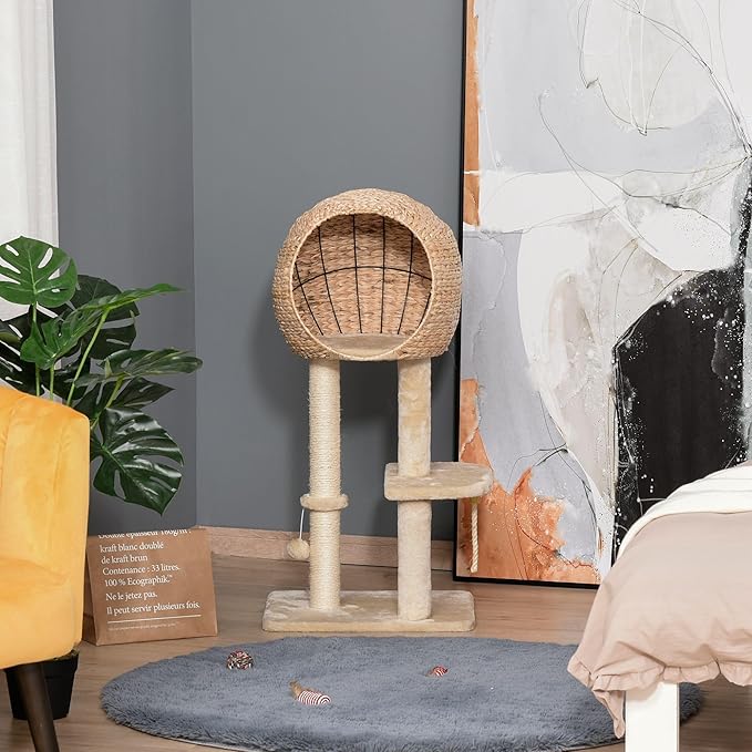 39H Premium Quality Cat Tree with Durable Sisal Scratching, Multi-Level Condo Hideout, Hanging Rope Accessory, Beige Finish