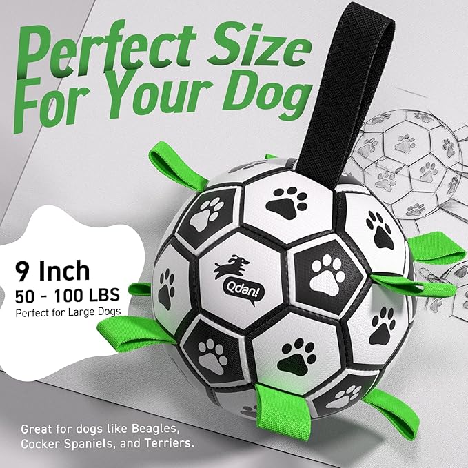 QDAN Dog Toys Extra Large Soccer Ball with Straps, Tug Toy, Water Toy, Durable Dogs Balls World Cup for Large（9 Inch）