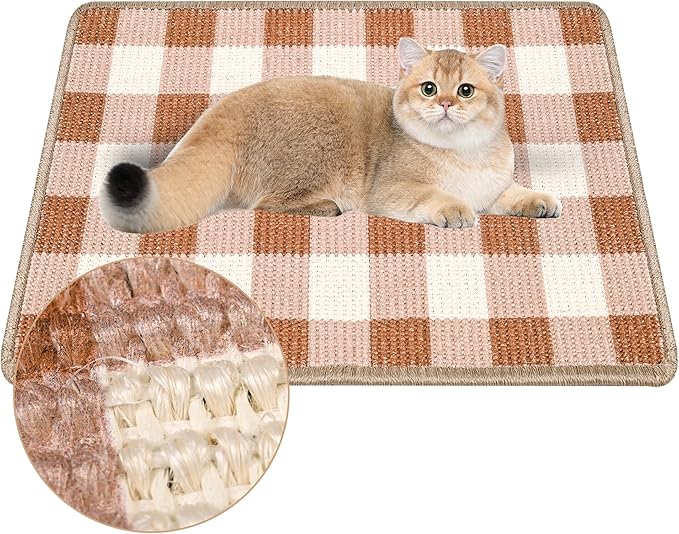 Cat Scratcher Mat, 23.6x15.7 Inch Natural Sisal Cat Scratch Pad, Horizontal Cat Scratching Pad Rug for Indoor Cats with Sticky Tapes, Protect Couch & Carpets（Coffee White）