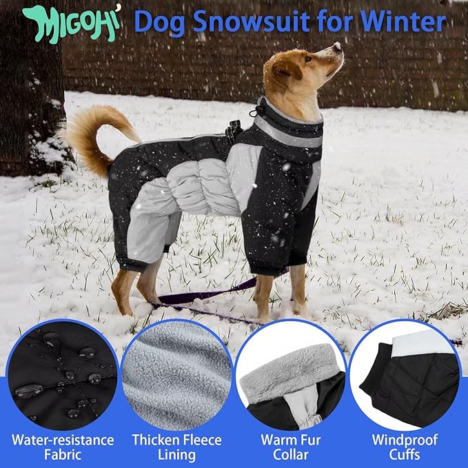 MIGOHI Full Body Dog Coat - Warm Reflective Winter Coat for Medium Dogs with Harness,Turtleneck Dog Fleece Jacket,Four-Leg Windproof Puffer Jackets Snowsuit with Zipper for Small Medium Large Dogs,L