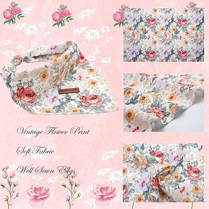 Elegant Little Tail Vintage Flower Dog Bandana - Washable Square Dog Scarf - Adjustable Size Small, Medium, Large - For Girls and Boys