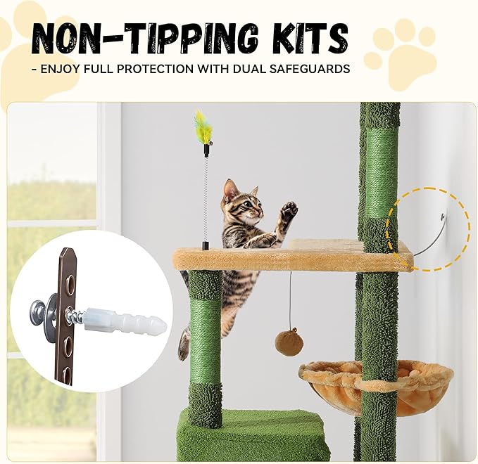 DWVO Cat Tree with Leaves for Large Cats: 72.8" Tall with Self-Grooming Brush, Cute Kitten Climbing Tower for Indoor Kittens with Cat Condo, Top Perch, Basktet, Sisal Scratching Posts, Dangling Ball