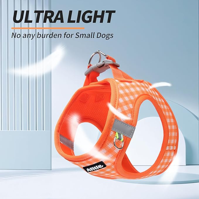 AIITLE Dog Harness and Leash Set, Reflective Adjustable Soft Mesh Vest with Plaid Print for Small Dogs – Breathable No-Pull Design for Daily Walks & Outdoor Adventures (XXS, Orange)