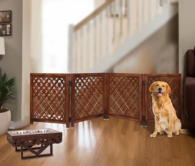 Wooden Foldable Pet Dog Safety Gate - 4 Panels Lattice 20 W x 24 H - Hand Carved Solid Wood & MDF - Free Standing Portable Indoor Doorway Hall Stairs Puppy Fence - Assembled - Antique Brown - IRONGATE