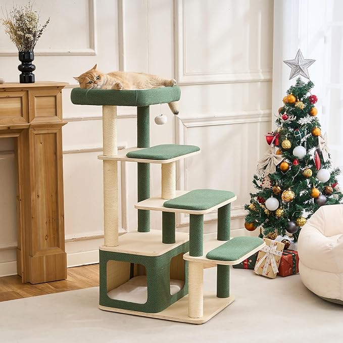Modern Wood Cat Tree Tower for Large Cats - 43.5" Indoor Wooden Cat Condo with Sisal Scratching Posts, Washable Cushions, Large Top Perch & Easy Climb Steps for Elderly/Short-Legged Cats Multi-Cat Use