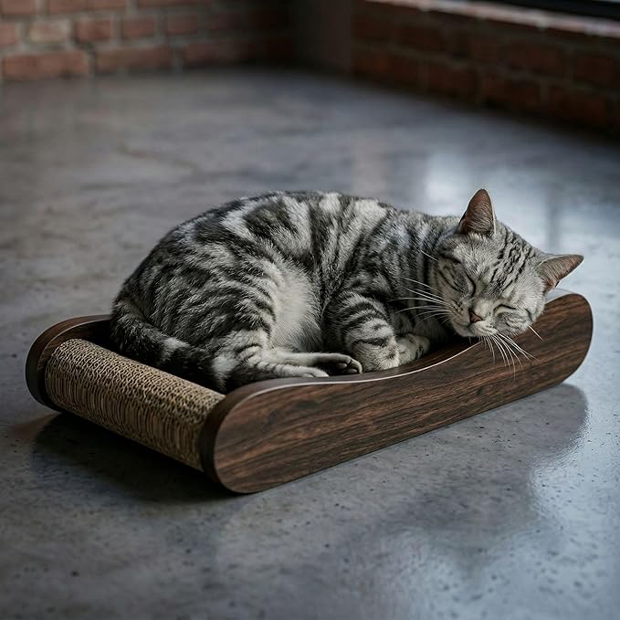 Claw Surfer Cat Bed - Cat Scratcher Bed & Lounge – Heavy Duty High-Density Cardboard, Lasts 5X Longer. Modern Curved Scratching Pad with 20mm White Frame. Non-Toxic, No Mess, Espresso