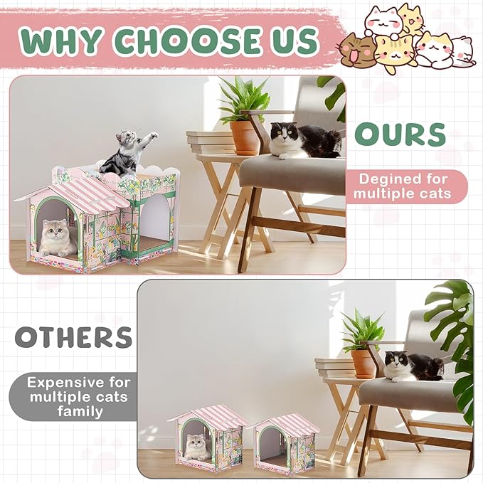 2 Story Cardboard Cat House with Scratcher Pad for Small Kitten,17x12x10 Multi Level Durable Cat Condo & Villa for Bunny Rabbit Small Animals Christmas Birthday Gift(17x12x10,Florist)