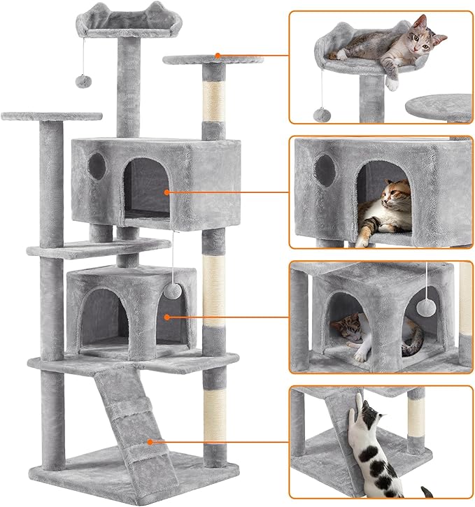 Topeakmart 70in Cat Tree, Multi-Level Cat Tower with Scratching Post Dangling Ball and Condos Cat Furniture for Indoor Cats, Light Gray