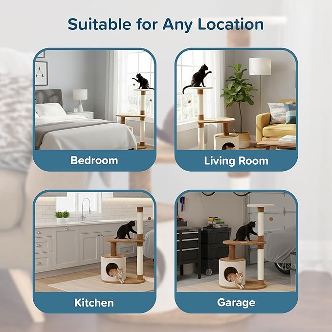 PETMAKER Cat Tree Condo 3 Tier with Condo and Scratching Posts, 37.5", Brown and Tan