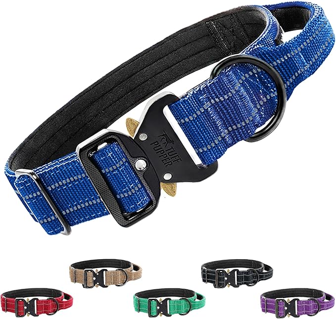 Tuff Pupper Tactical Dog Collar with Handle | Heavy Duty Adjustable Dog Collar | Military Nylon Collar for Medium Dogs | Quick-Release Buckle | Soft Padded Comfort | Training Control (Blue, Medium)