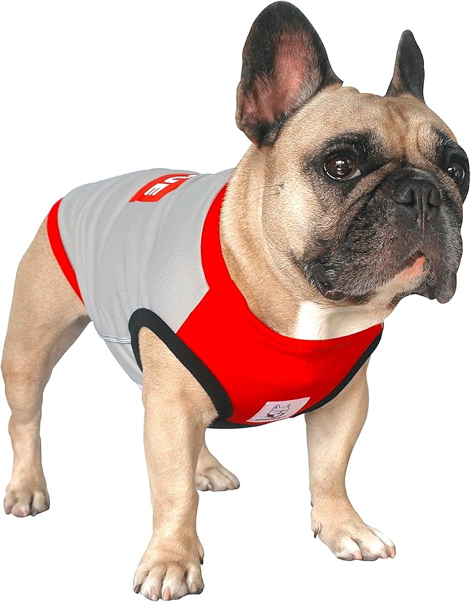 iChoue French Bulldog Summer Cooling Shirt for Dogs UV Sun Protection Vest Sleeveless Stretchy Tank Top English Pug Grey Red - XLarge
