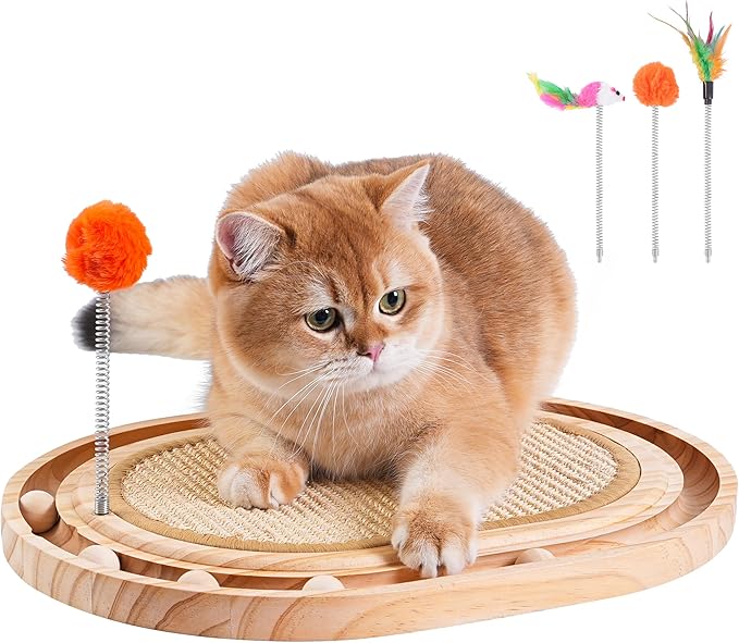 Cat Scratch Pad with Ball Track and Spring Toy, Wooden Cat Scratcher with Sisal Scratching Mat, Ball Track System and 3 Replacement Toy for Cats Scratching,Chasing and Playing (Nature Wood)